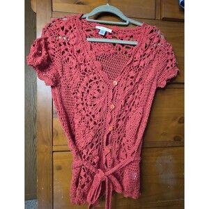 Coldwater Creek Crochet Sweater Cardigan Size Medium Orange Tie Layering